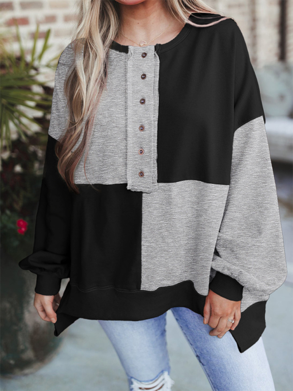 Terra Casual Patchwork Color Block Front Button Long Lapel Sweatshirt