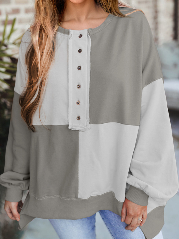 Terra Casual Patchwork Color Block Front Button Long Lapel Sweatshirt