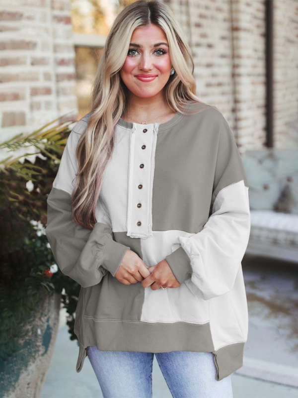 Terra Casual Patchwork Color Block Front Button Long Lapel Sweatshirt