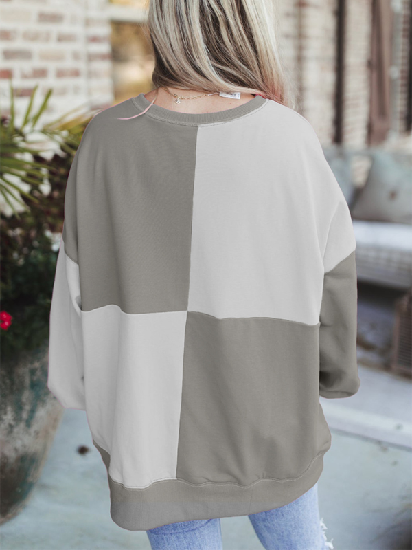 Terra Casual Patchwork Color Block Front Button Long Lapel Sweatshirt