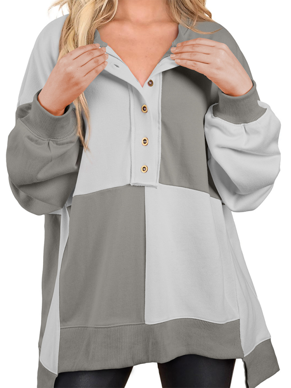 Terra Casual Patchwork Color Block Front Button Long Lapel Sweatshirt