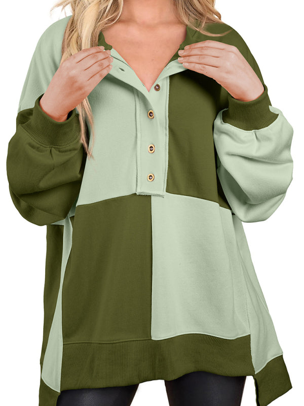 Terra Casual Patchwork Color Block Front Button Long Lapel Sweatshirt