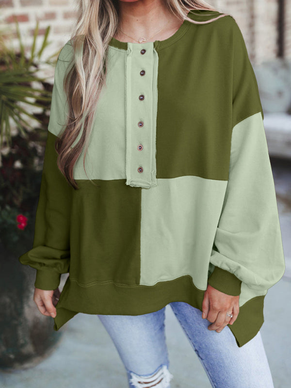 Terra Casual Patchwork Color Block Front Button Long Lapel Sweatshirt