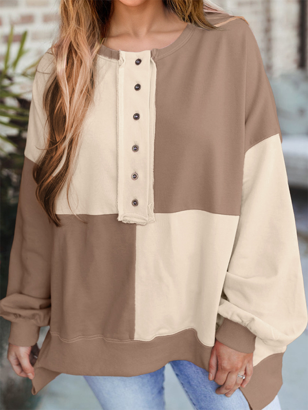 Terra Casual Patchwork Color Block Front Button Long Lapel Sweatshirt