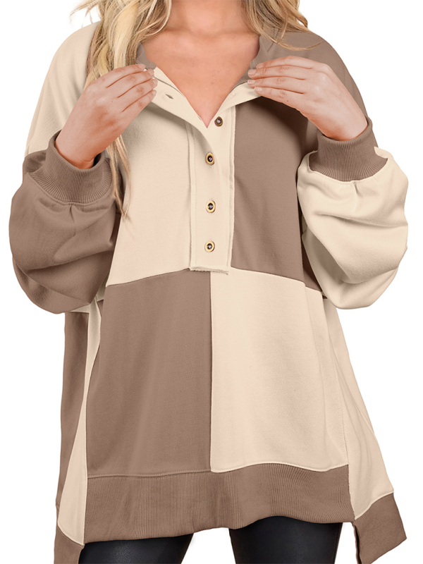 Terra Casual Patchwork Color Block Front Button Long Lapel Sweatshirt