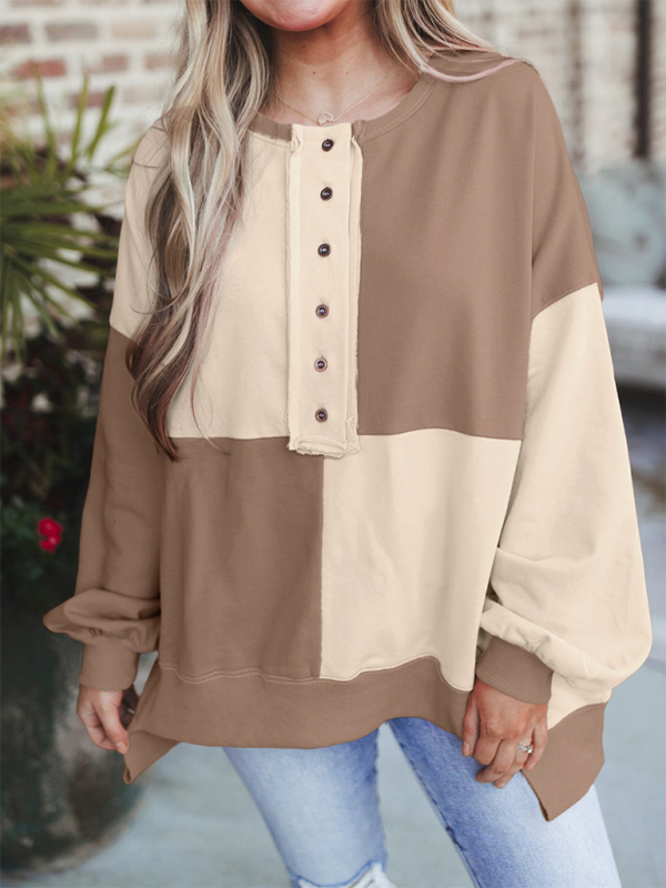 Terra Casual Patchwork Color Block Front Button Long Lapel Sweatshirt