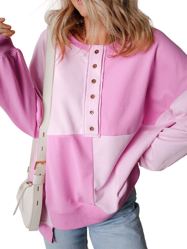 Terra Casual Patchwork Color Block Front Button Long Lapel Sweatshirt
