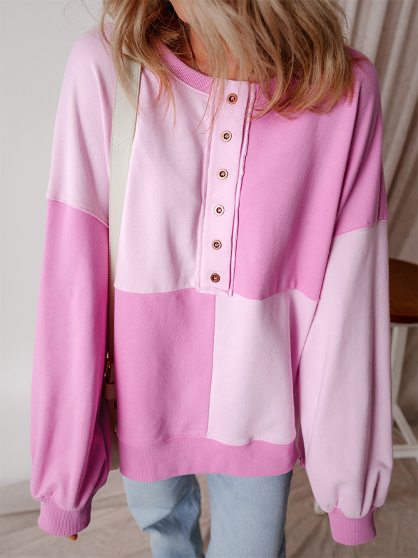 Terra Casual Patchwork Color Block Front Button Long Lapel Sweatshirt