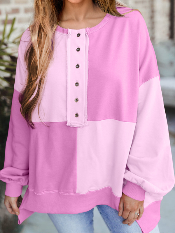Terra Casual Patchwork Color Block Front Button Long Lapel Sweatshirt