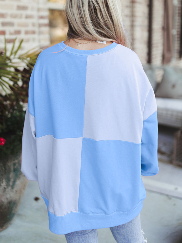 Terra Casual Patchwork Color Block Front Button Long Lapel Sweatshirt