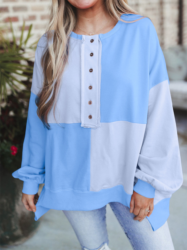 Terra Casual Patchwork Color Block Front Button Long Lapel Sweatshirt