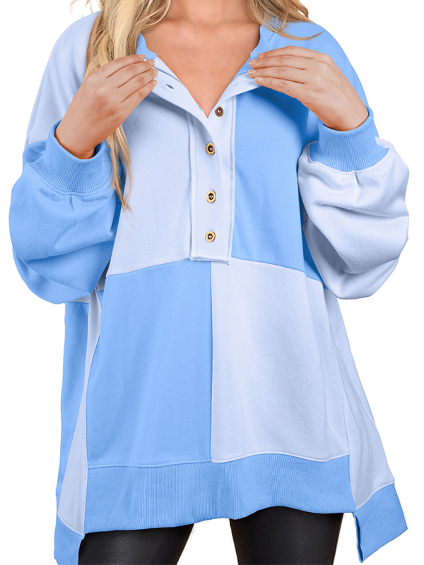 Terra Casual Patchwork Color Block Front Button Long Lapel Sweatshirt