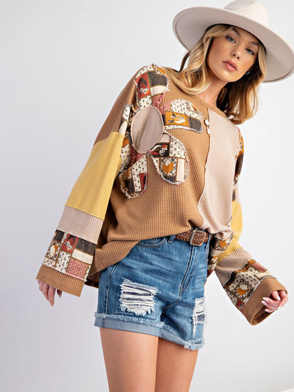 Nyla Women's Contrast Print Waffle Top Casual Loose Sweatshirt