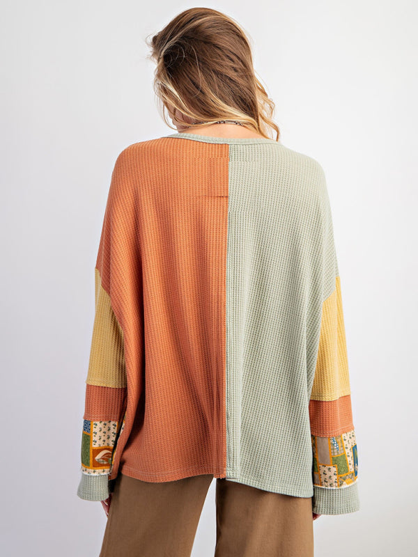 Nyla Women's Contrast Print Waffle Top Casual Loose Sweatshirt
