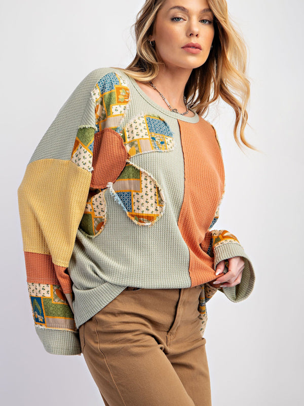 Nyla Women's Contrast Print Waffle Top Casual Loose Sweatshirt