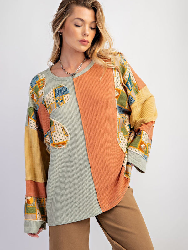Nyla Women's Contrast Print Waffle Top Casual Loose Sweatshirt
