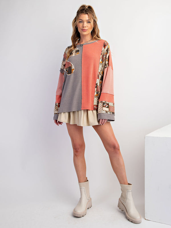 Nyla Women's Contrast Print Waffle Top Casual Loose Sweatshirt