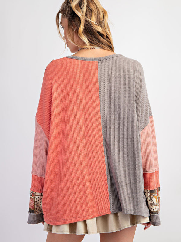 Nyla Women's Contrast Print Waffle Top Casual Loose Sweatshirt