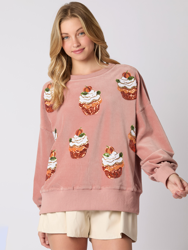 Emerson Christmas Pumpkin Cake Sequin Round Neck Loose Pullover Sweatshirt