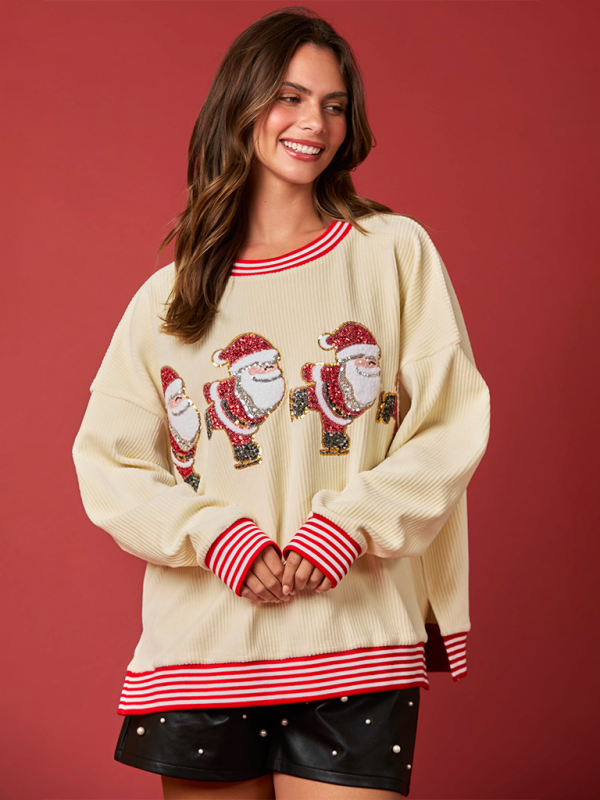 Kenzie Christmas Decoration Sequin Corduroy Sweatshirt Color Block Stripe Top