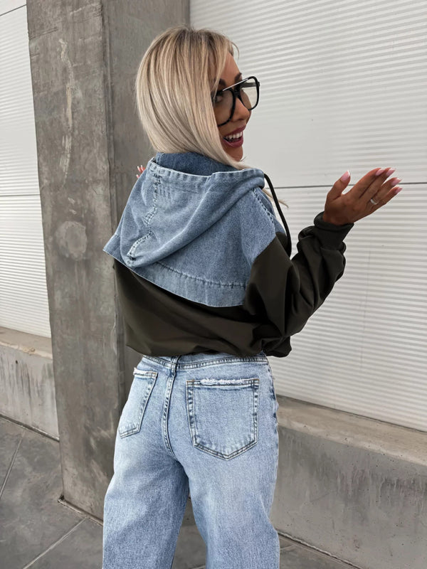 Lesly Fashion Loose Casual Washed Denim Stitching Hooded Women's Sweatshirt