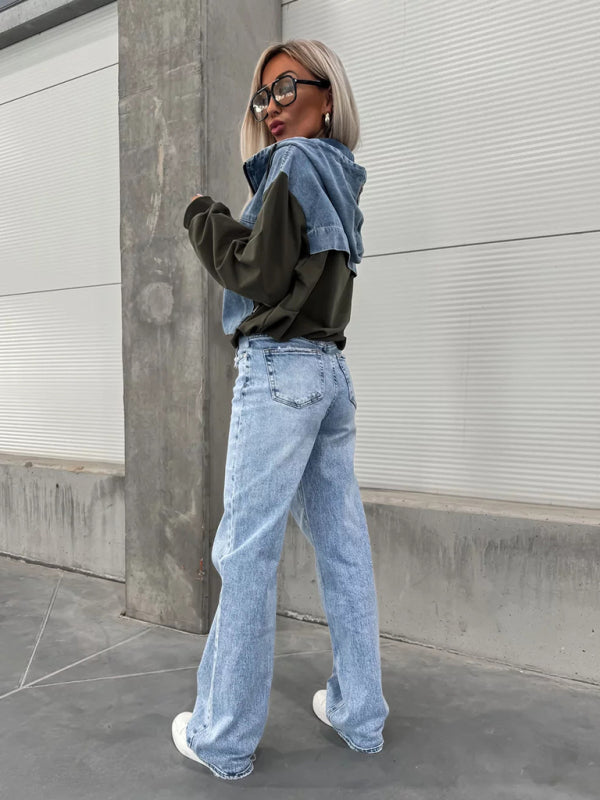Lesly Fashion Loose Casual Washed Denim Stitching Hooded Women's Sweatshirt