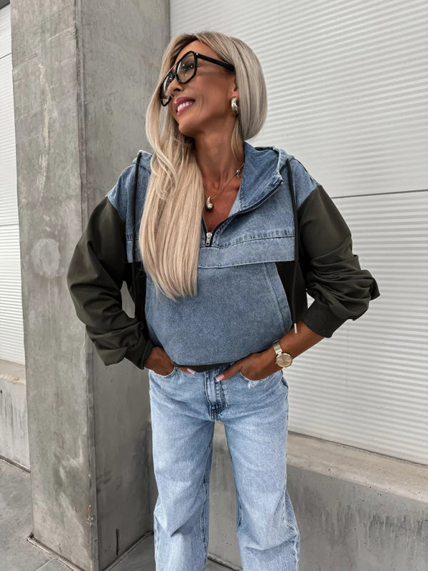 Lesly Fashion Loose Casual Washed Denim Stitching Hooded Women's Sweatshirt