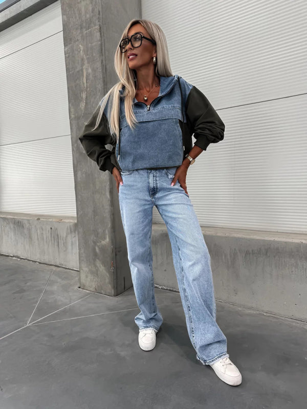 Lesly Fashion Loose Casual Washed Denim Stitching Hooded Women's Sweatshirt