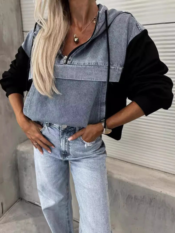 Lesly Fashion Loose Casual Washed Denim Stitching Hooded Women's Sweatshirt