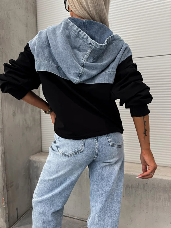 Lesly Fashion Loose Casual Washed Denim Stitching Hooded Women's Sweatshirt