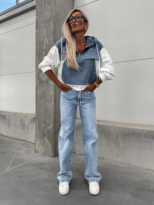 Lesly Fashion Loose Casual Washed Denim Stitching Hooded Women's Sweatshirt