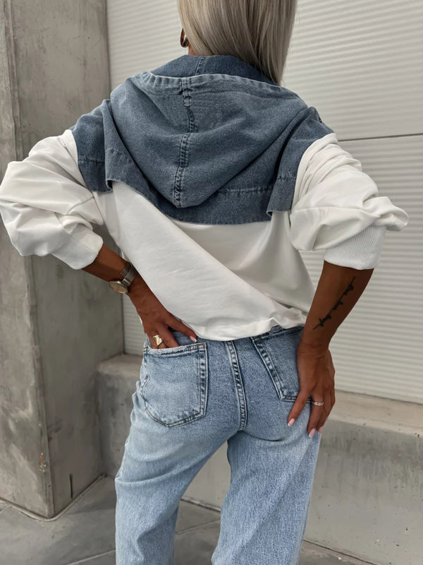 Lesly Fashion Loose Casual Washed Denim Stitching Hooded Women's Sweatshirt