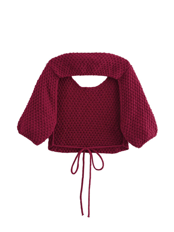 Ebony New Backless Knitted Drawstring Cropped Sweater