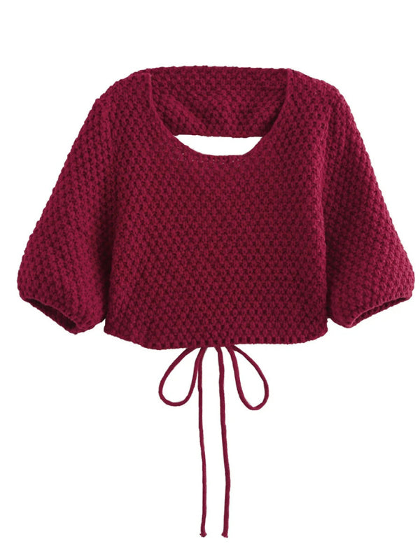 Ebony New Backless Knitted Drawstring Cropped Sweater