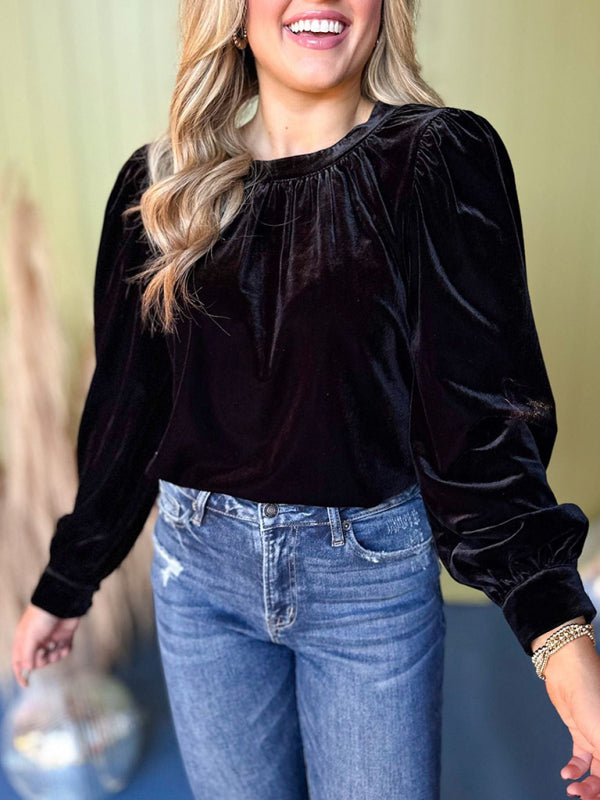 Fiora New Solid Color Pullover Round Neck Long Sleeve Top