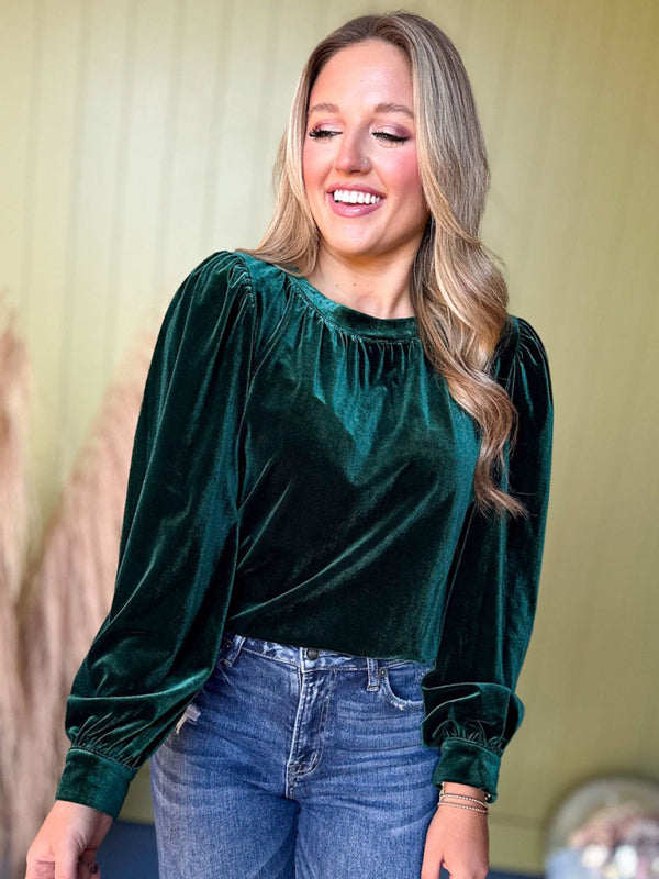 Fiora New Solid Color Pullover Round Neck Long Sleeve Top