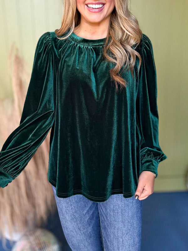 Fiora New Solid Color Pullover Round Neck Long Sleeve Top