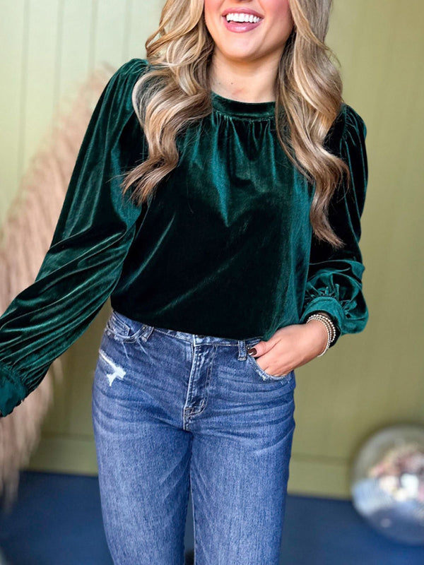 Fiora New Solid Color Pullover Round Neck Long Sleeve Top