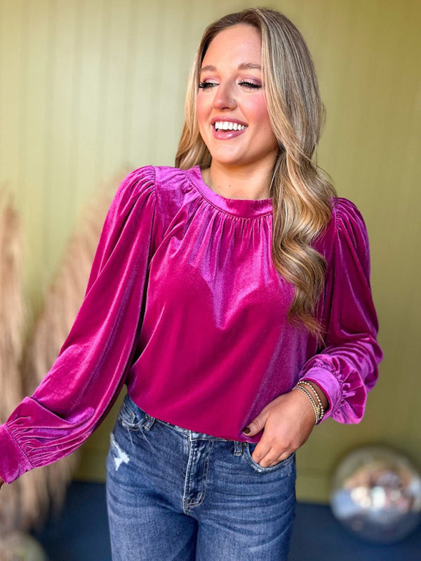 Fiora New Solid Color Pullover Round Neck Long Sleeve Top