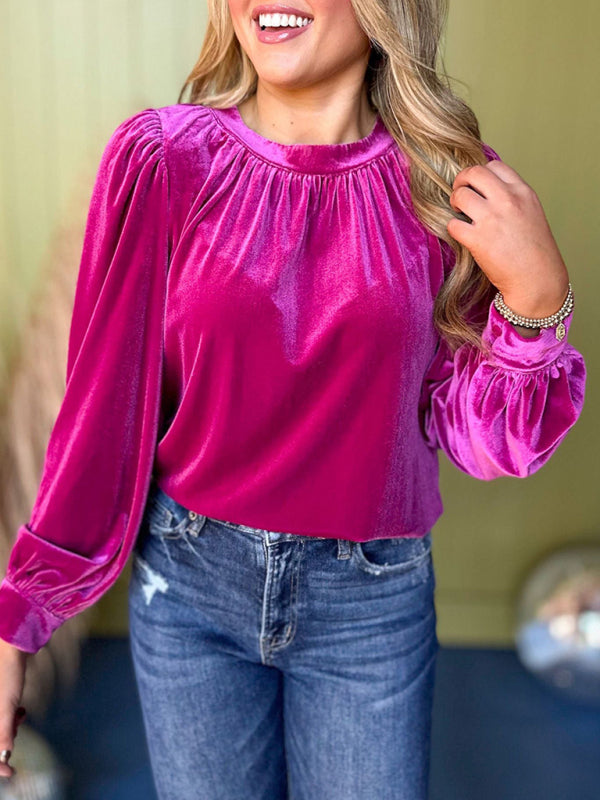 Fiora New Solid Color Pullover Round Neck Long Sleeve Top