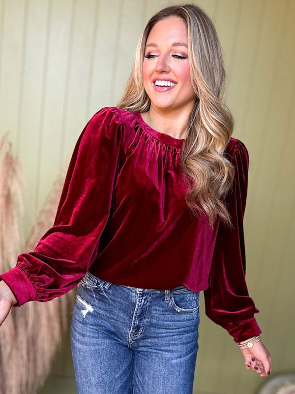 Fiora New Solid Color Pullover Round Neck Long Sleeve Top