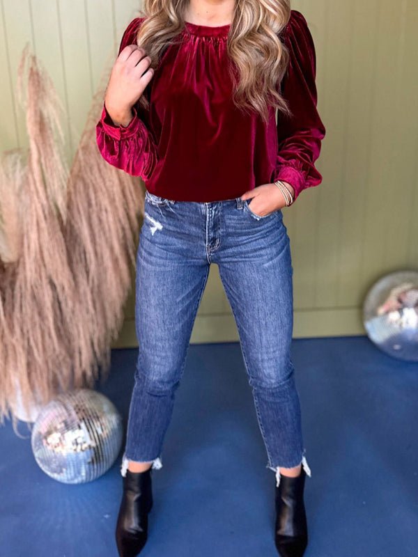 Fiora New Solid Color Pullover Round Neck Long Sleeve Top