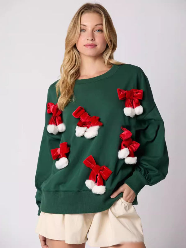 Deana Christmas Bow Decorated Top Casual Long Sleeve Pullover Sweatshirt