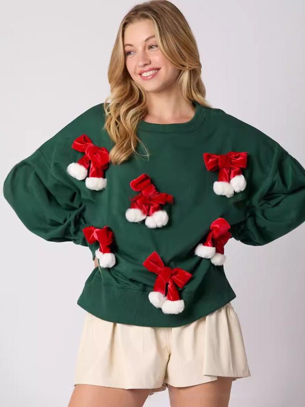 Deana Christmas Bow Decorated Top Casual Long Sleeve Pullover Sweatshirt