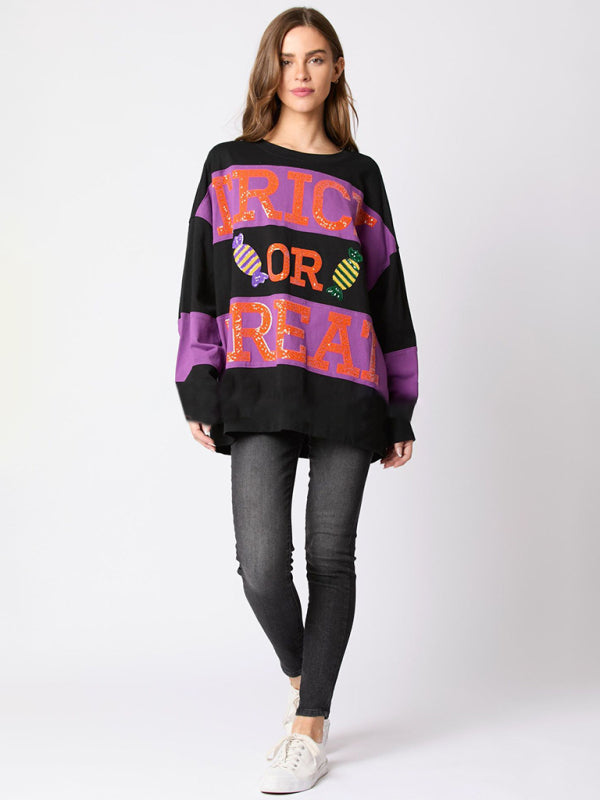 Candy Women's Halloween Letter Sequined Colorblock Sweater Casual Top