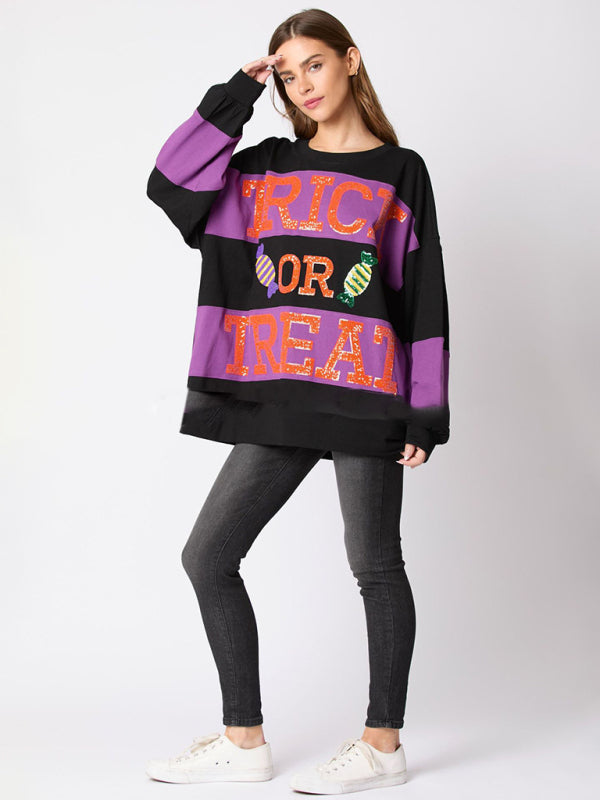 Candy Women's Halloween Letter Sequined Colorblock Sweater Casual Top