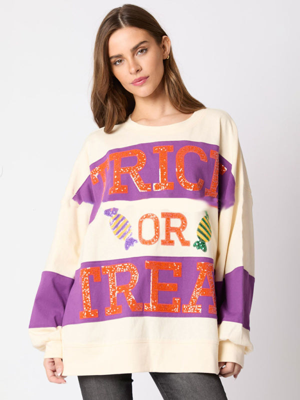 Candy Women's Halloween Letter Sequined Colorblock Sweater Casual Top