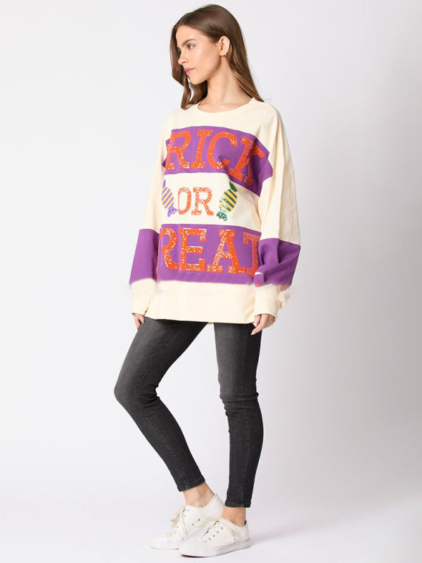 Candy Women's Halloween Letter Sequined Colorblock Sweater Casual Top