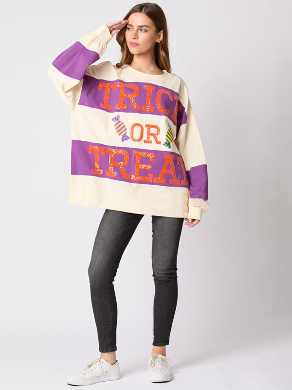 Candy Women's Halloween Letter Sequined Colorblock Sweater Casual Top