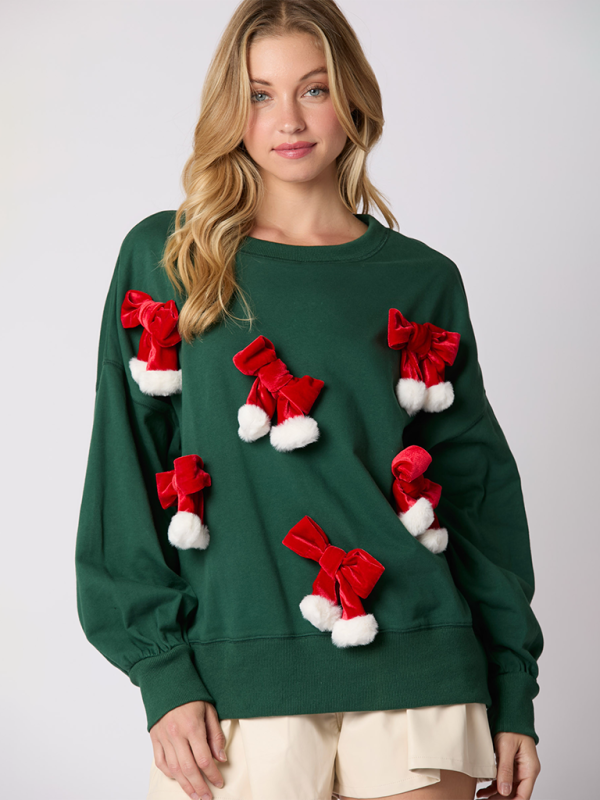 Luna Christmas Bow Decoration Top Casual Long Sleeve Pullover Sweatshirt